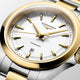 Ladies' Longines Conquest Quartz Watch.
Model Number: L33503127
The 30mm case and bracelet are bicolour: stainless steel with a yellow gold PVD bezel and middle bracelet links. The dial is white with gold coloured hands and indexes. The glass is sapphire crystal. The watch has a date function and is 100m water resistant. The movement is quartz.