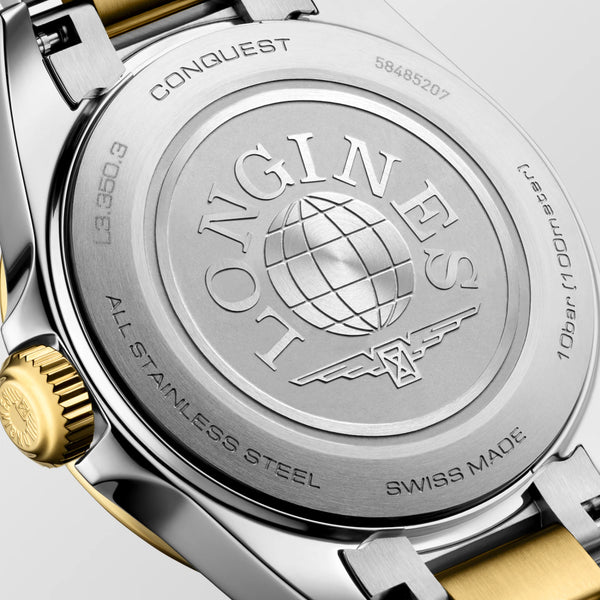 Ladies' Longines Conquest Quartz Watch.
Model Number: L33503127
The 30mm case and bracelet are bicolour: stainless steel with a yellow gold PVD bezel and middle bracelet links. The dial is white with gold coloured hands and indexes. The glass is sapphire crystal. The watch has a date function and is 100m water resistant. The movement is quartz.