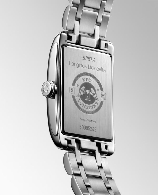 Gent's Longines Dolce Vita Automatic Watch.

Model Number: L57574716

Availability: in stock

The 27.7 x 43.8mm rectangular case and bracelet are stainless steel. The dial is silver with a flinque pattern, black roman numerals, blue hands and a date function. The glass is sapphire crystal. The movement is automatic.