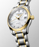 Ladies' Longines Master Collection Automatic Watch. The 25.5mm case and bracelet are bicolour: stainless steel with 18k yellow gold capped bezel and capped centre links. The dial is white mother-of-pearl with twelve diamond set hour markers and a date function. The glass is sapphire crystal and the case back is transparent sapphire crystal &nbsp;glass. The movement is automatic.