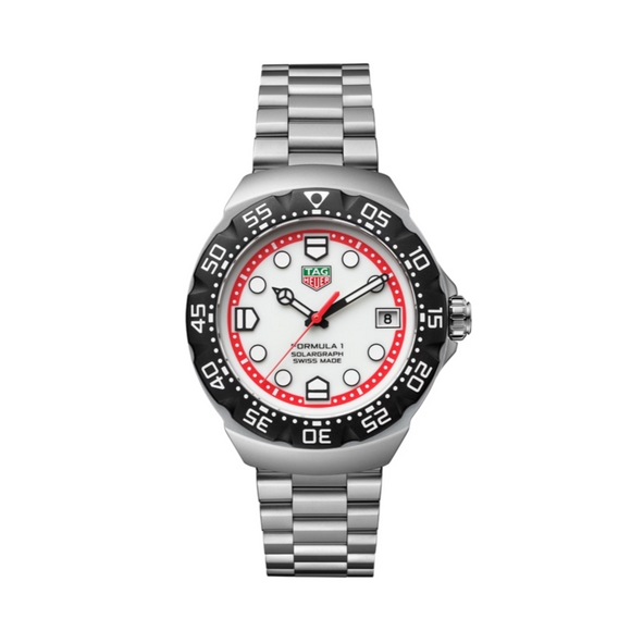 Silver watch with a white face and red accents on a white background