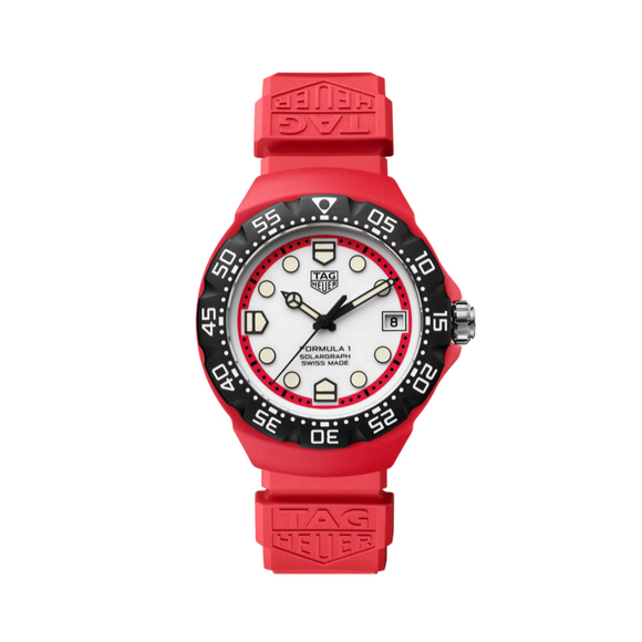 Red watch with black bezel and white face on a white background