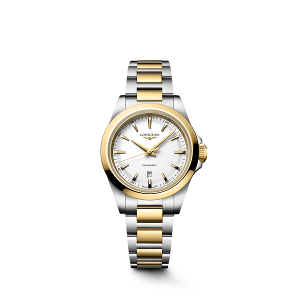 Ladies' Longines Conquest Quartz Watch.&nbsp;

Model Number: L33503127


The 30mm case and bracelet are bicolour: stainless steel with a yellow gold PVD bezel and middle bracelet links. The dial is white with gold coloured hands and indexes. The glass is sapphire crystal. The watch has a date function and is 100m water resistant. The movement is quartz.