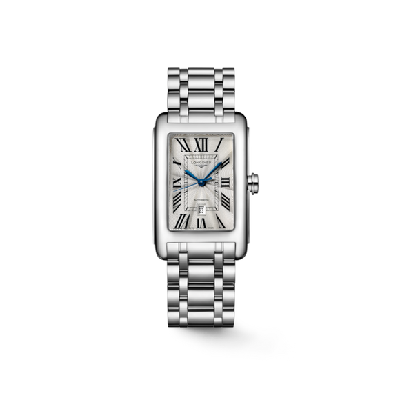 Gent's Longines Dolce Vita Automatic Watch.

Model Number: L57574716

Availability: in stock

The 27.7 x 43.8mm rectangular case and bracelet are stainless steel. The dial is silver with a flinque pattern, black roman numerals, blue hands and a date function. The glass is sapphire crystal. The movement is automatic.