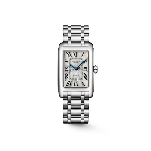 Gent's Longines Dolce Vita Automatic Watch.

Model Number: L57574716

Availability: in stock

The 27.7 x 43.8mm rectangular case and bracelet are stainless steel. The dial is silver with a flinque pattern, black roman numerals, blue hands and a date function. The glass is sapphire crystal. The movement is automatic.