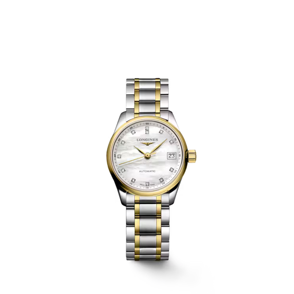 Ladies' Longines Master Collection Automatic Watch. The 25.5mm case and bracelet are bicolour: stainless steel with 18k yellow gold capped bezel and capped centre links. The dial is white mother-of-pearl with twelve diamond set hour markers and a date function. The glass is sapphire crystal and the case back is transparent sapphire crystal &nbsp;glass. The movement is automatic.