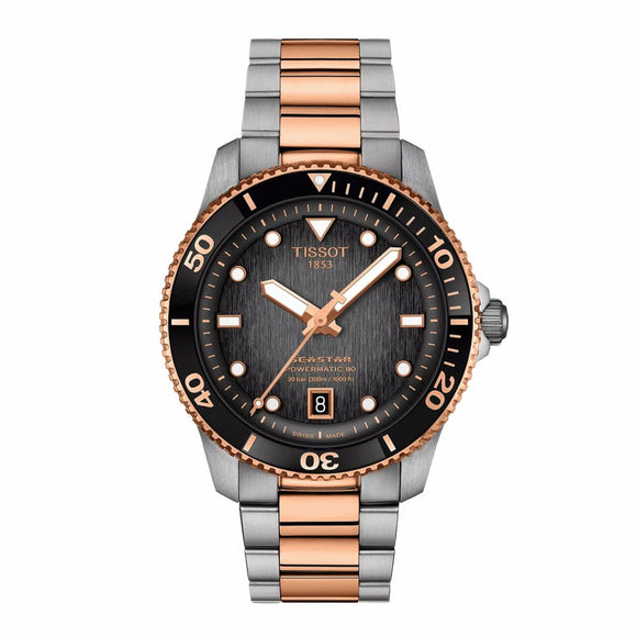 Tissot watch with rose gold and silver band on white background