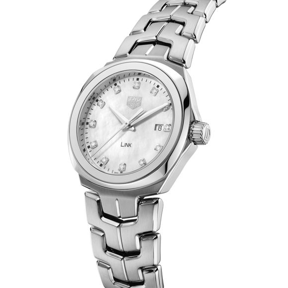 Ladies TAG Heuer Link 32mm Quartz Watch. The case and bracelet are stainless steel, the dial white mother-of-pearl and the glass is sapphire crystal. 